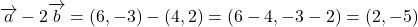 \[ \overrightarrow{a} - 2 \overrightarrow{b} = (6, -3) - (4, 2) = (6 - 4, -3 - 2) = (2, -5) \]
