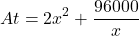 \[At=2x^{2}+\frac{96000}{x}\]