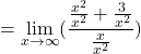 \[=\displaystyle \lim_{x \to \infty }(\frac{\frac{x^{2}}{x^{2}}+\frac{3}{x^{2}}}{\frac{x}{x^{2}}})\]