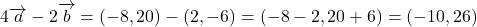 \[ 4 \overrightarrow{a} - 2 \overrightarrow{b} = (-8, 20) - (2, -6) = (-8 - 2, 20 + 6) = (-10, 26) \]