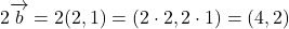 \[ 2 \overrightarrow{b} = 2 (2, 1) = (2 \cdot 2, 2 \cdot 1) = (4, 2) \]