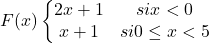 \[F(x)\left\{\begin{matrix} 2x+1 & si x< 0 \\ x+1& si  0\leq x< 5 \\ \end{matrix}\right.\]