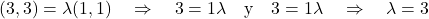\[ (3, 3) = \lambda (1, 1) \quad \Rightarrow \quad 3 = 1\lambda \quad \text{y} \quad 3 = 1\lambda \quad \Rightarrow \quad \lambda = 3 \]